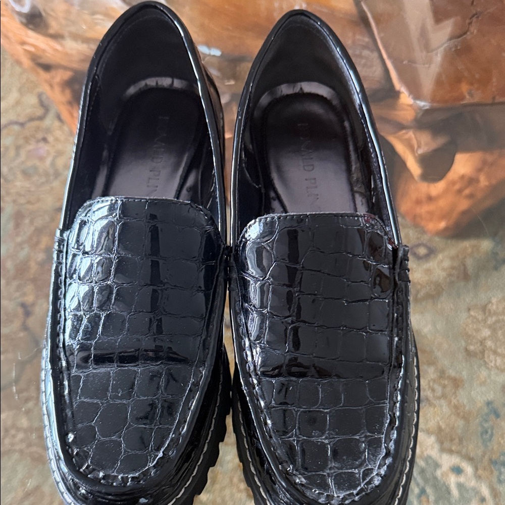 Donald Pliner "Hope" Black Croc-Embossed Patent Platform Loafers